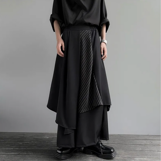 Kón wide leg hakama pants – double layer with stripe panel – front view