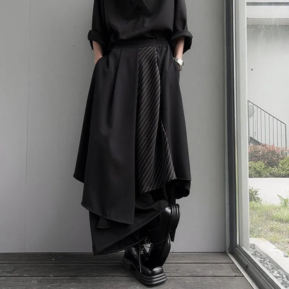 Kón layered hakama pants – diagonal stripe panel – full front view