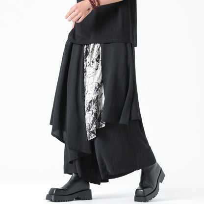Dark avant-garde Japanese trousers – contrast ink-print fabric panel detail