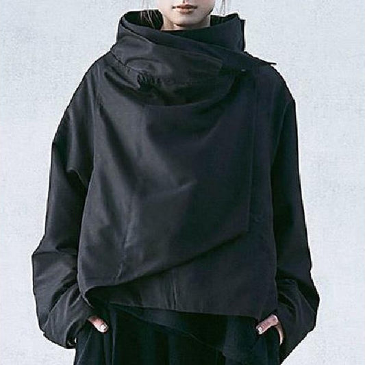 Kón cropped avant-garde jacket – draped wrap collar detail – front view