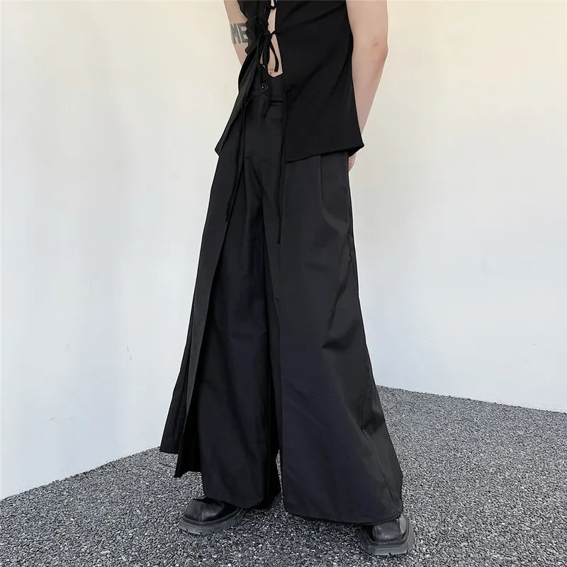 Dark avant-garde hakama trousers – split front panel open – front view