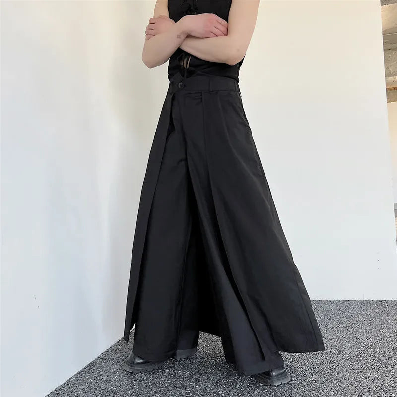 Men's Japanese streetwear hakama pants – structured button waistband – three-quarter view