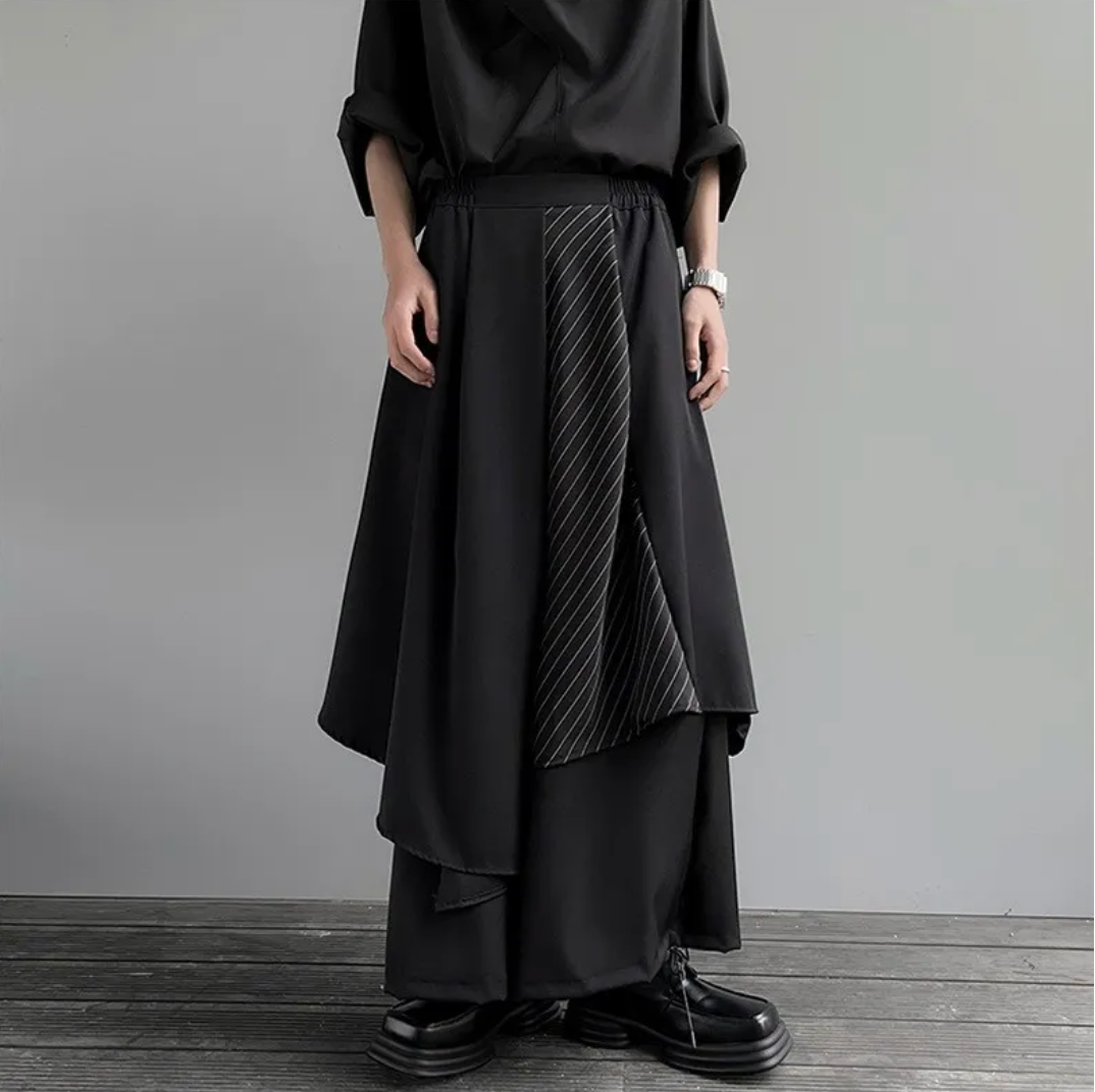 Kón wide leg hakama pants – double layer with stripe panel – front view