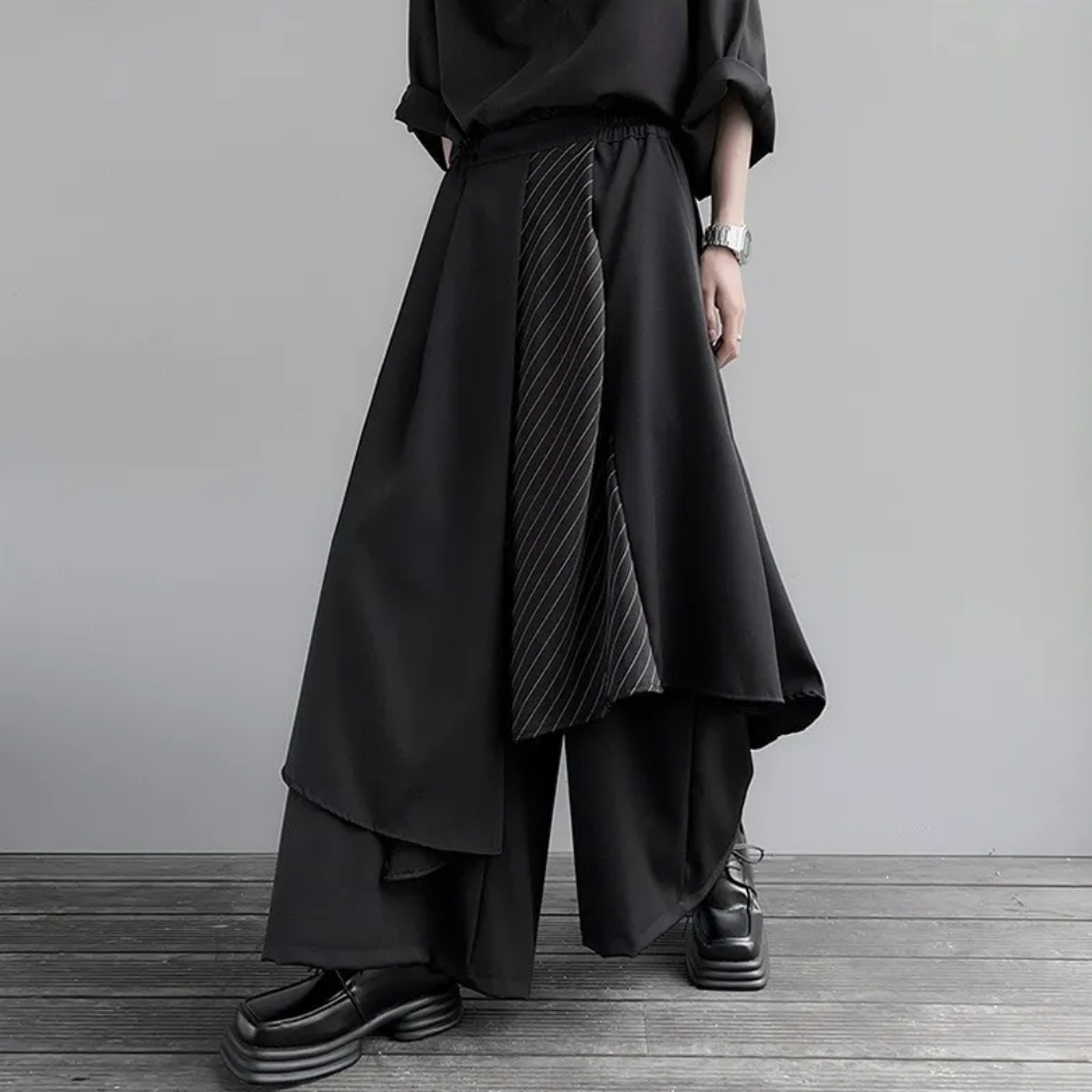 apanese streetwear hakama trousers – layered asymmetric construction – full view