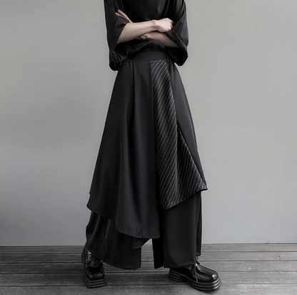 Dark avant-garde unisex hakama pants – irregular hem – side full length