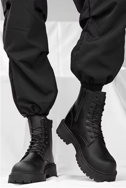 Kón chunky platform combat boots – lace-up detail – styled with wide leg trousers