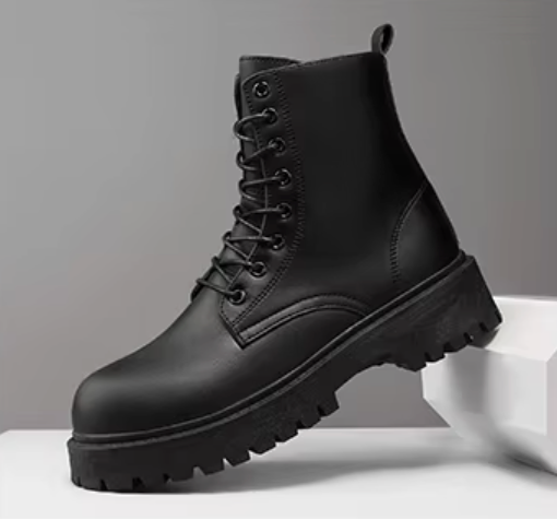 Black platform combat boot – matte PU upper – side view