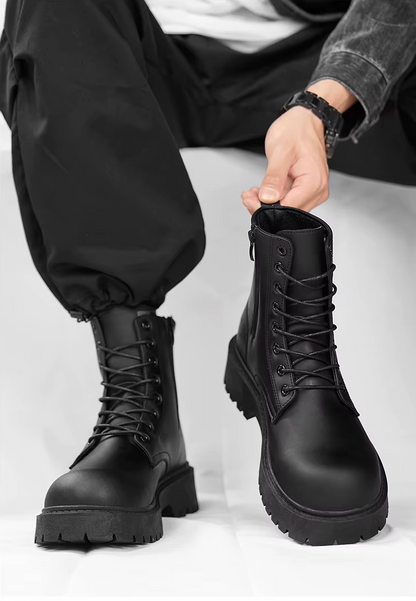 Kón dark avant-garde combat boots – side zip detail – worn view